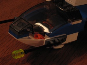 Close-up shot of the massive holes in the front of this \"space\" ship model.